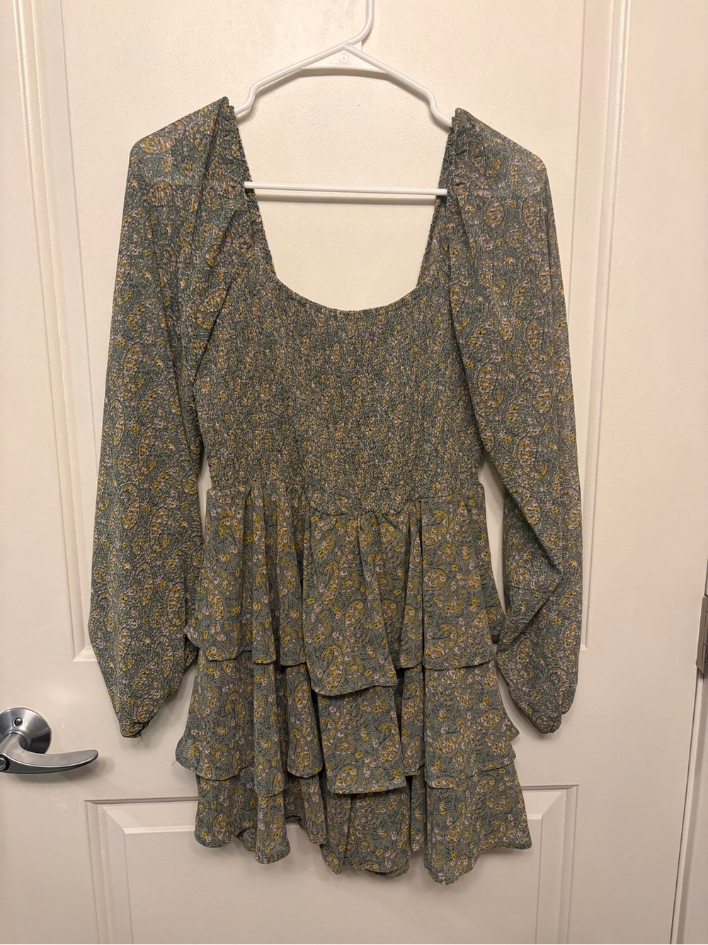 Smocked Tiered Long-Sleeve Romper in Sage Floral